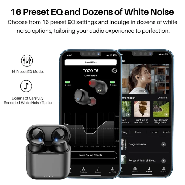 TOZO T6 mini Ergonomic Wireless Earbuds Bluetooth 5.3 TWS Headphones in-Ear Headset IPX8 Waterproof 50Hrs Playtime APP EQ - Image 6