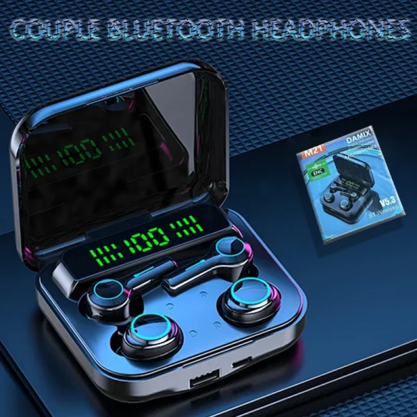 M21 TWS Couple Wireless Headphones – Noise-Canceling Bluetooth Earphones with 9D Stereo Sound