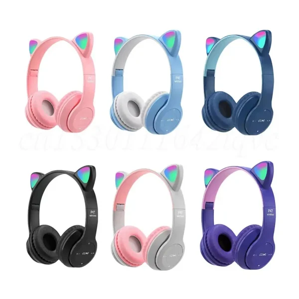 VKTECH Wireless Cat Ear Headphones – Bluetooth Glow Light Over-Ear Headset for Kids and Adults